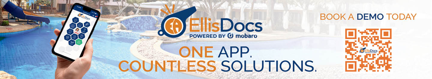 A hand holds a smartphone displaying a medical app interface with the text Ellis Docs powered by Mobaro and a QR code inviting to book a demo today over a poolside background. Description generated by AI