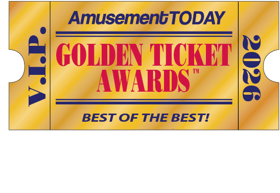 A golden ticket with bold red and blue text reading Amusement TODAY Golden Ticket Awards 2026 V.I.P. Best of the Best on a shiny gold background. Description generated by AI