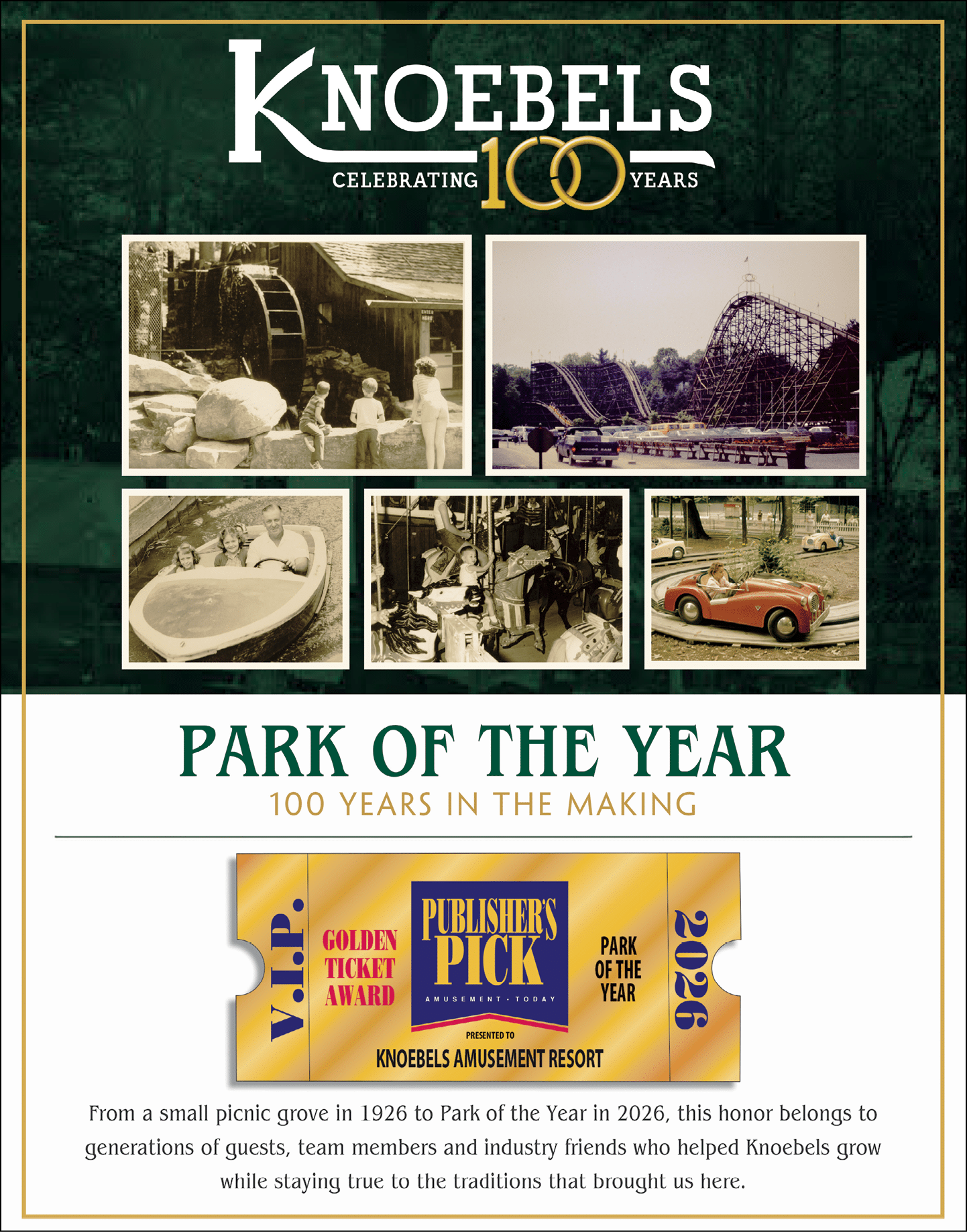 Knoebels Amusement Resort celebrates 100 years with a collage of vintage photos of rides and people, announcing it as Park of the Year in 2026 for its long-standing tradition and community support. Description generated by AI
