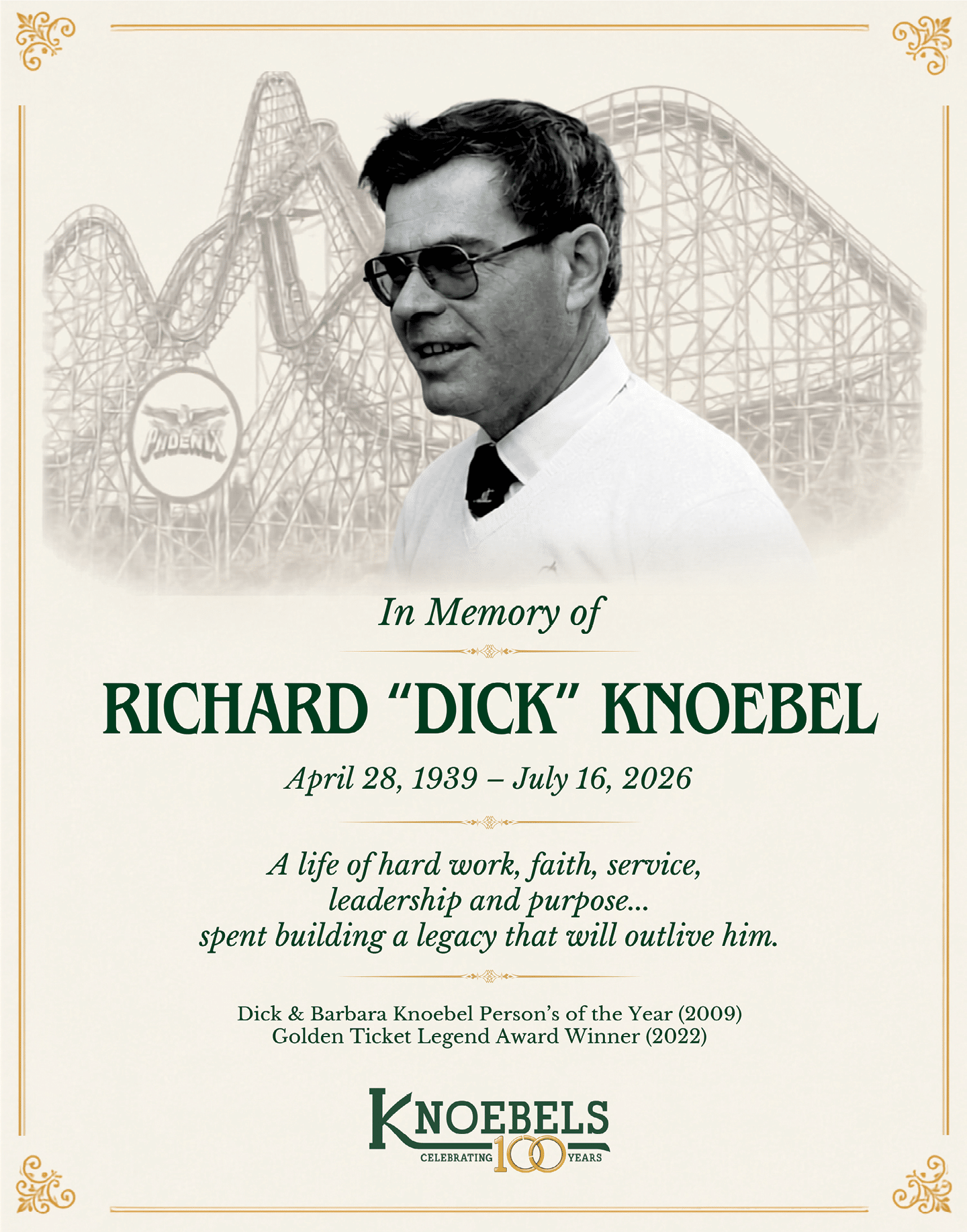 A memorial tribute featuring a person wearing glasses and a white shirt with a tie, set against a background of a roller coaster, honoring Richard “Dick" Knoebel with dates and a message about his legacy and awards. Description generated by AI