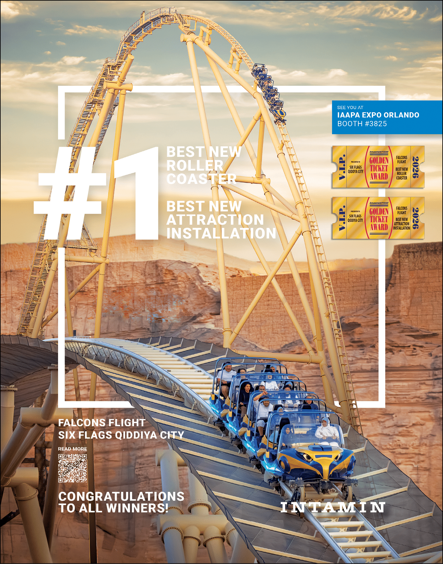 A roller coaster train with people is descending a steep yellow track in a desert-like setting with text highlighting it as the best new roller coaster and attraction installation. Description generated by AI