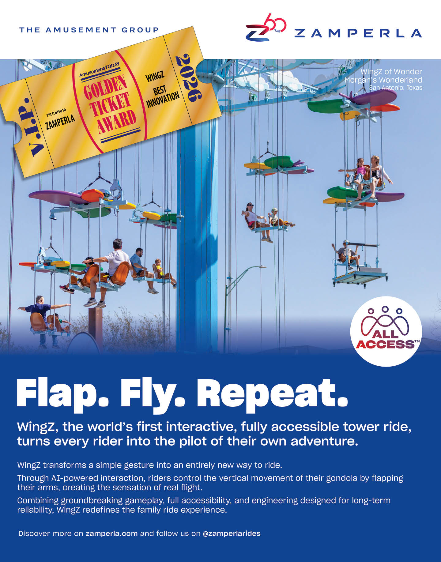 Adults and children are seated in colorful swing seats suspended from a tall tower ride, with a large golden ticket award banner and promotional text describing the interactive, fully accessible WingZ tower ride in an amusement park setting. Description generated by AI