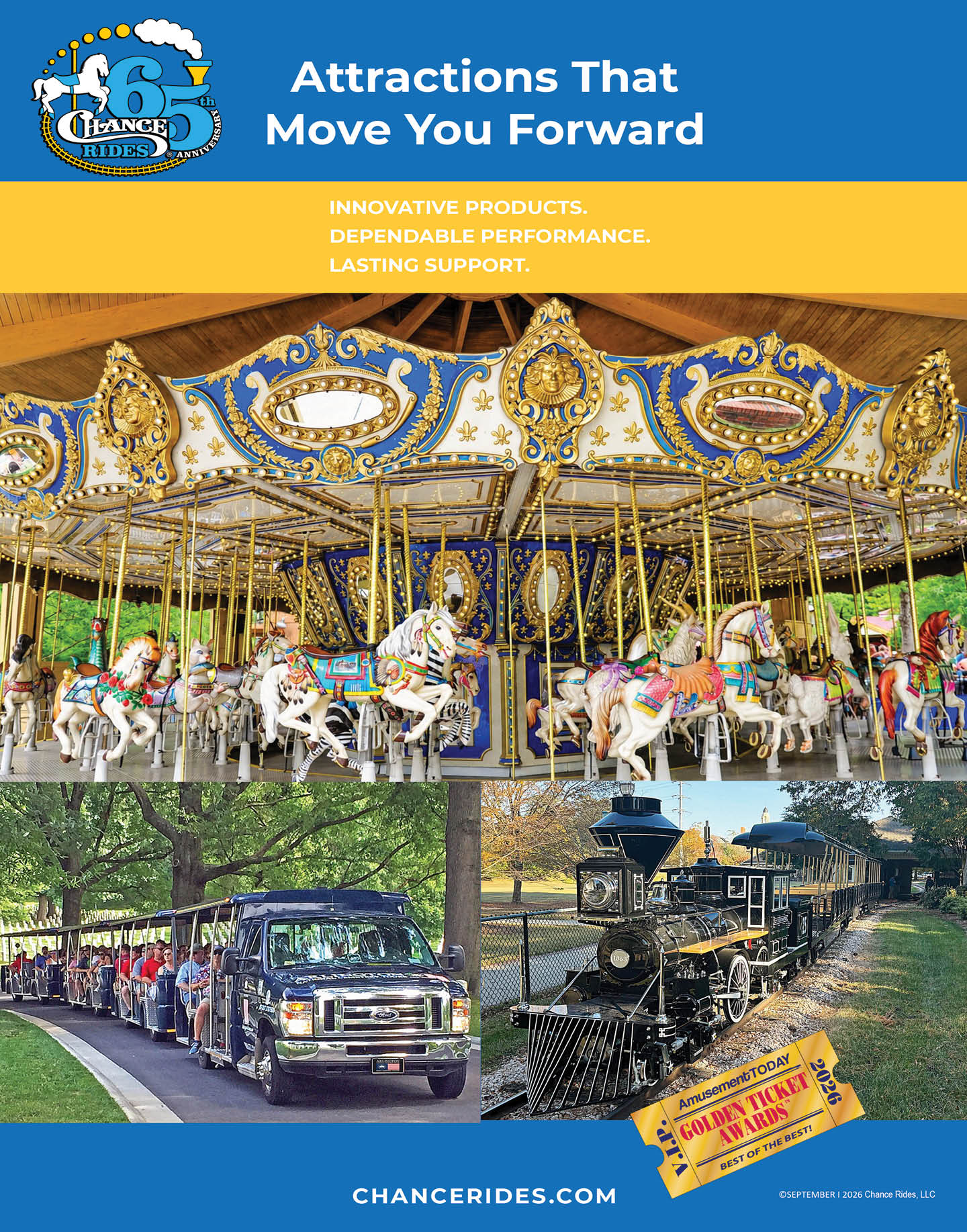 A colorful carousel with painted horses is shown above two images of a track ride with people seated in an open vehicle and a small black train on tracks with a golden ticket graphic. Description generated by AI