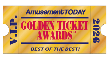 A golden ticket styled as a VIP pass for the 2026 Amusement Today Golden Ticket Awards with bold red and blue text on a shiny gold background. Description generated by AI