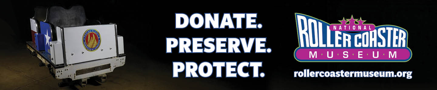 A small white roller coaster car with a logo on the side is shown next to the text “DONATE. PRESERVE. PROTECT." and the Roller Coaster Museum logo with its website URL. Description generated by AI
