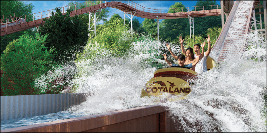 People riding a water ride at an amusement park are splashed by a large wave as their boat labeled “Cotaland" descends a steep drop surrounded by greenery. Description generated by AI