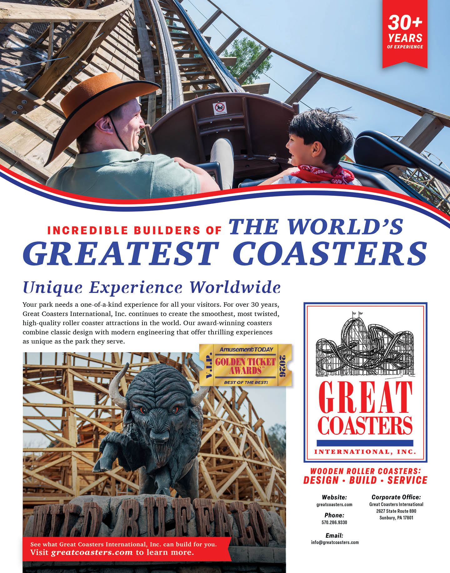 Two people wearing hats are riding a wooden roller coaster with a large wolf figure in the foreground, accompanied by promotional text for Great Coasters International highlighting their experience and awards. Description generated by AI