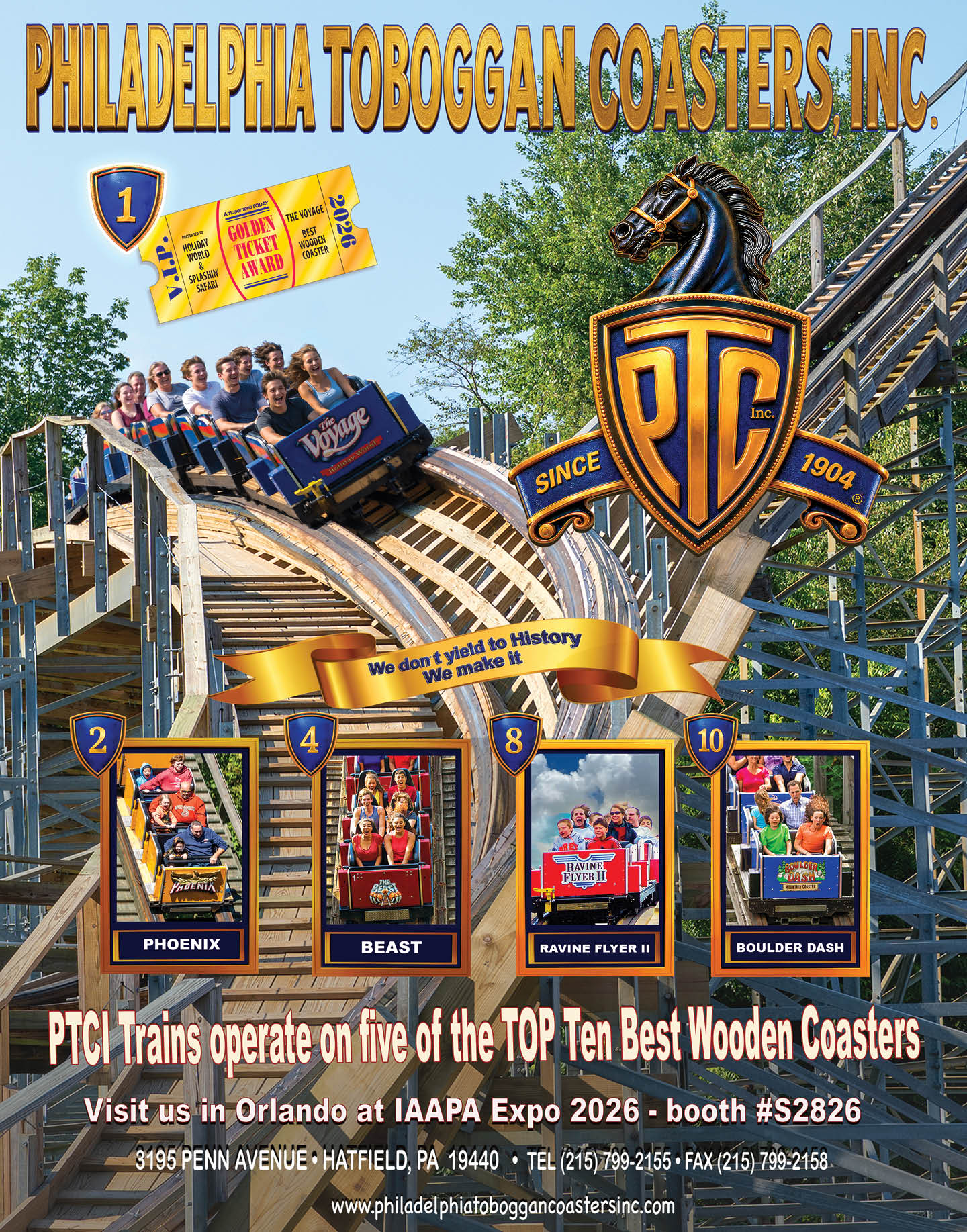 Adults ride a wooden roller coaster with promotional banners highlighting top wooden coasters and an invitation to visit a booth at an upcoming expo. Description generated by AI