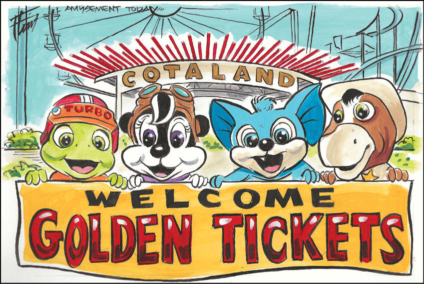 Four colorful cartoon animal characters stand behind a sign that says welcome golden tickets in front of an amusement park entrance labeled Cotaland. Description generated by AI