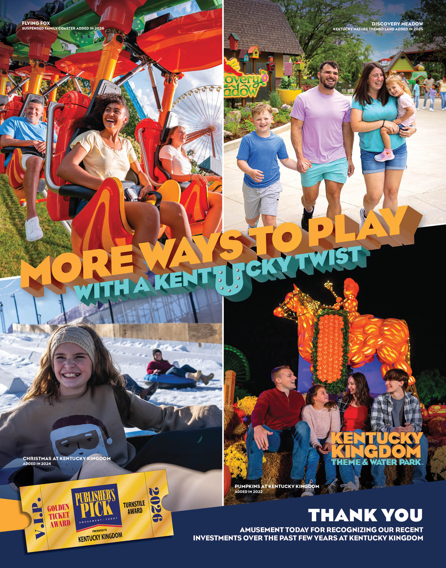 People enjoying various activities at an amusement park including riding a thrill ride, walking with children, tubing in the snow, and watching a nighttime balloon display with text promoting Kentucky Kingdom theme and water park. Description generated by AI