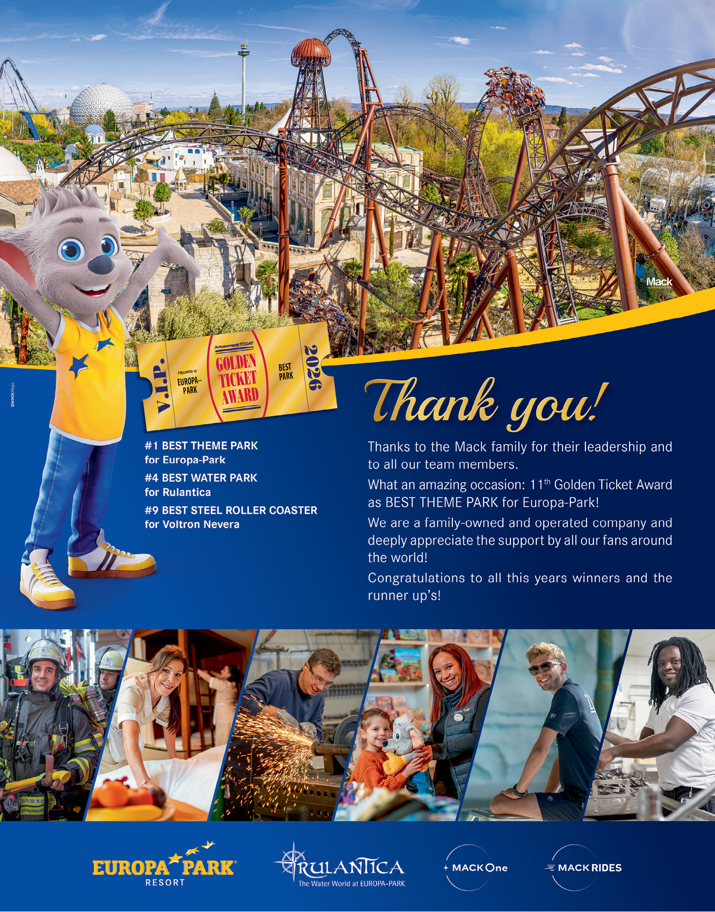 A colorful amusement park scene with a roller coaster, a cartoon mascot character in a yellow shirt, and a thank you message celebrating awards and showing people in various joyful activities at the bottom. Description generated by AI