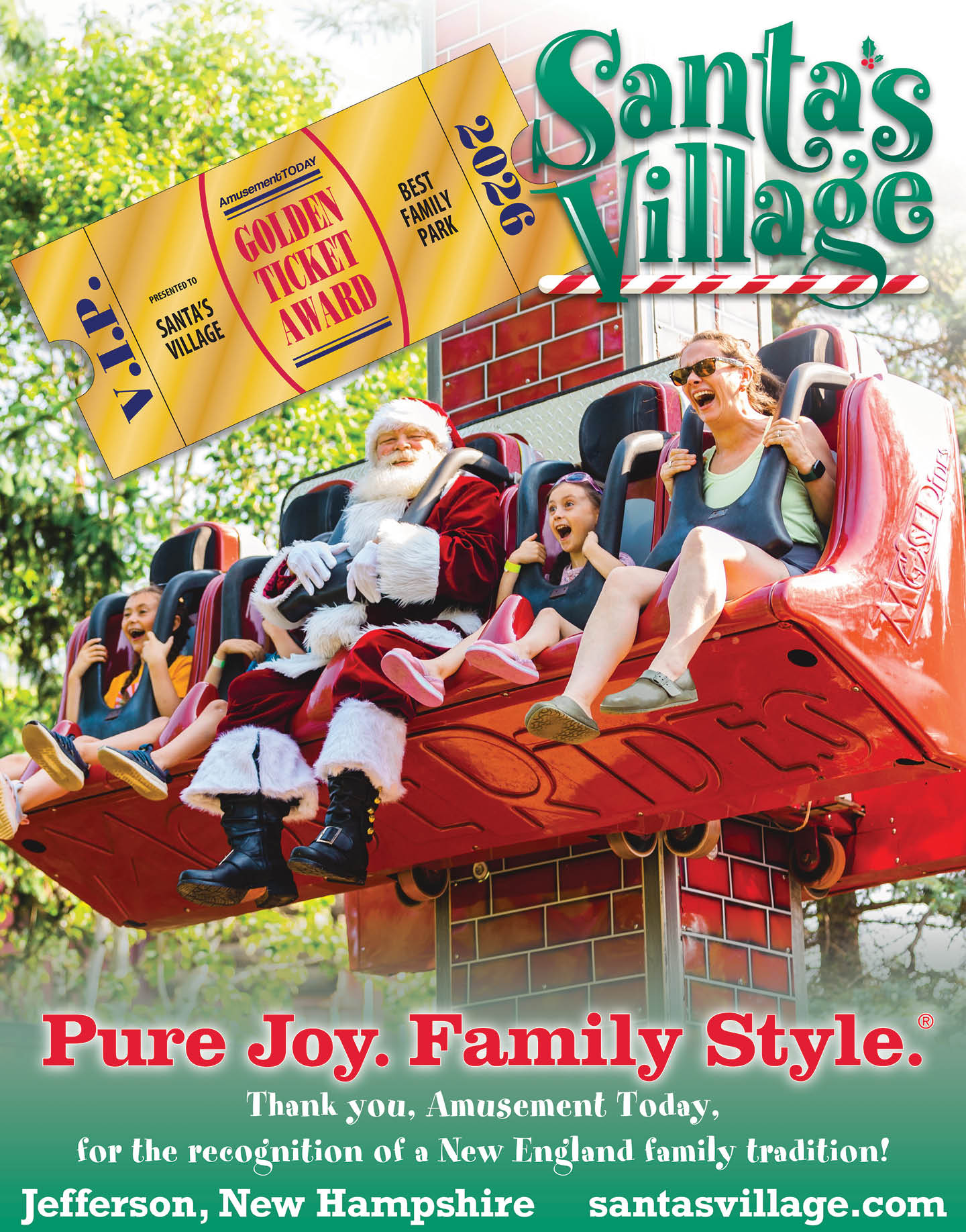A group of people including one dressed as Santa Claus are joyfully riding a red amusement park ride at Santa's Village in an outdoor setting. Description generated by AI
