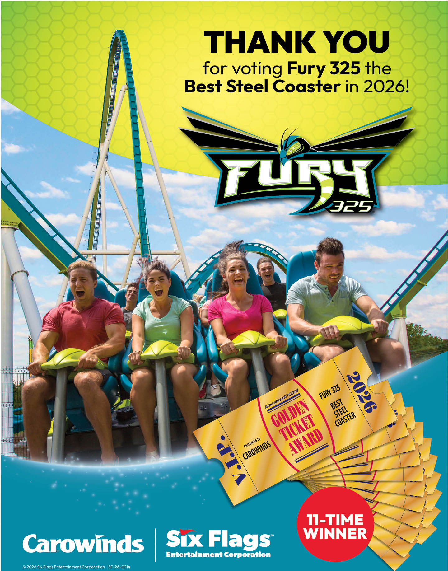 Five adults with excited expressions ride a roller coaster with bright blue tracks under a sunny sky, accompanied by text thanking voters for naming Fury 325 the best steel coaster in 2026 and showing multiple golden tickets labeled as awards. Description generated by AI