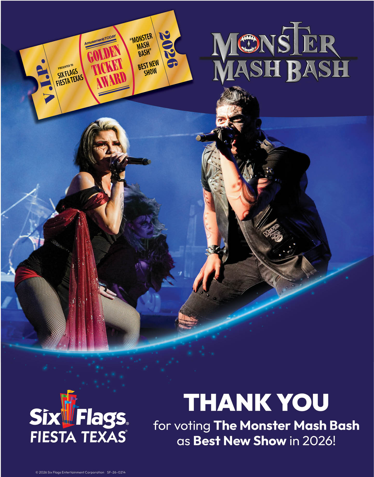 Two adults dressed in performance attire are singing into microphones on stage with a dark blue background and promotional text for the Monster Mash Bash event at Six Flags Fiesta Texas. Description generated by AI