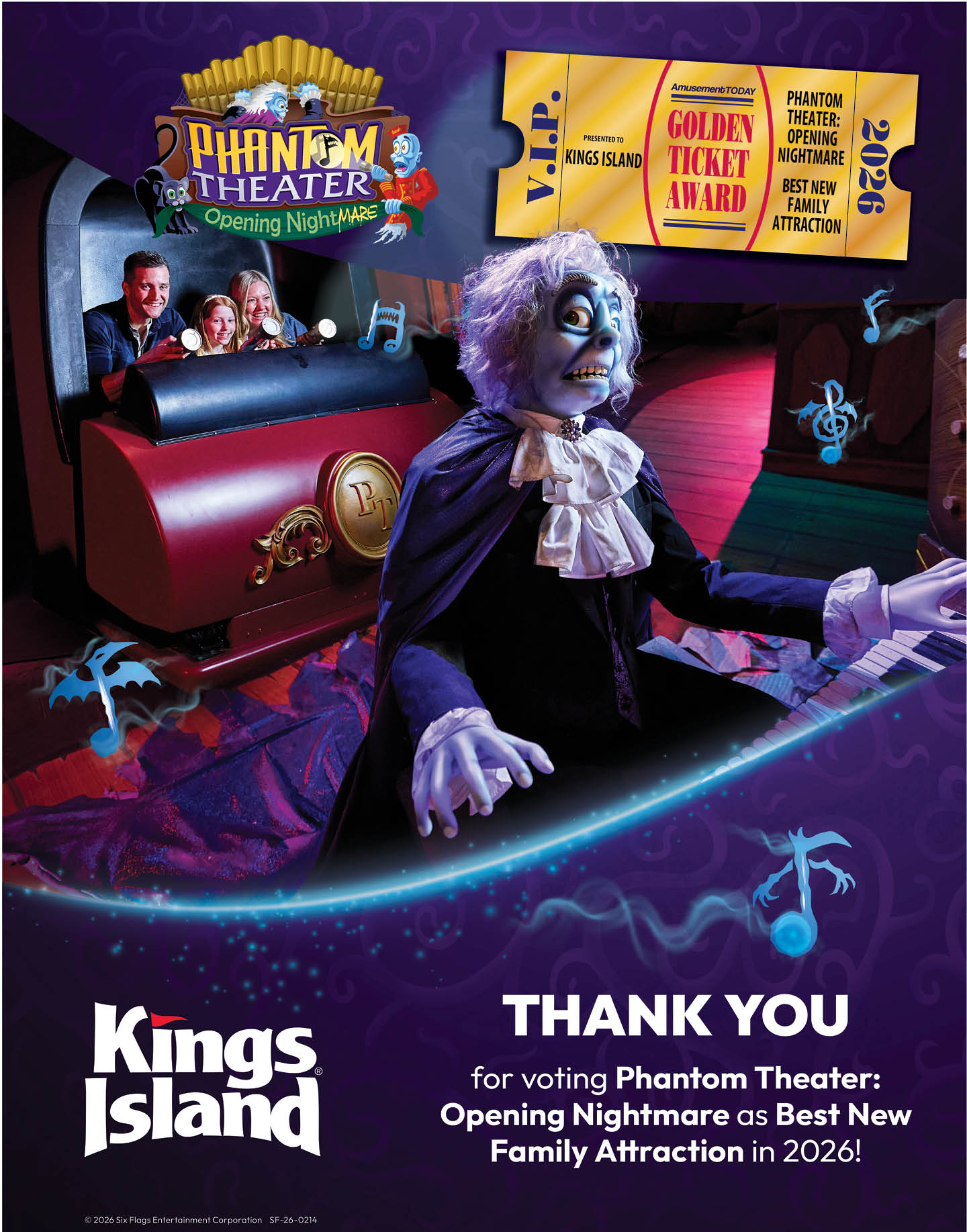 A theatrical scene with a person in a spooky costume and makeup sitting in front of a ride vehicle with people inside, accompanied by musical notes and text thanking viewers for voting Phantom Theater: Opening Nightmare as the best new family attraction in 2026 at Kings Island. Description generated by AI