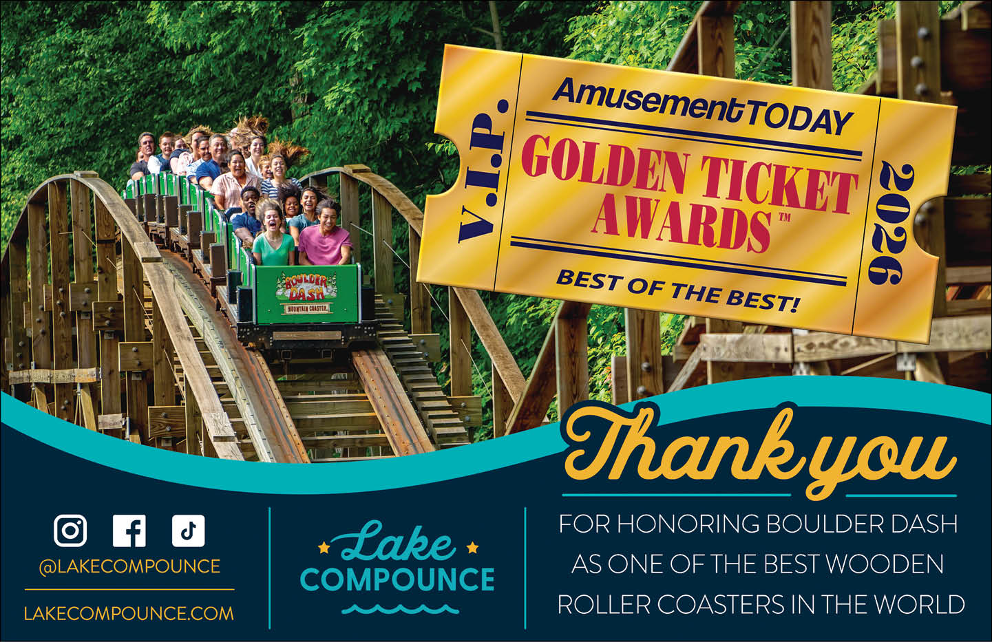 Adults and children are riding a wooden roller coaster with a large golden ticket graphic above them thanking Lake Compounce for honoring Boulder Dash as one of the best wooden roller coasters in the world. Description generated by AI