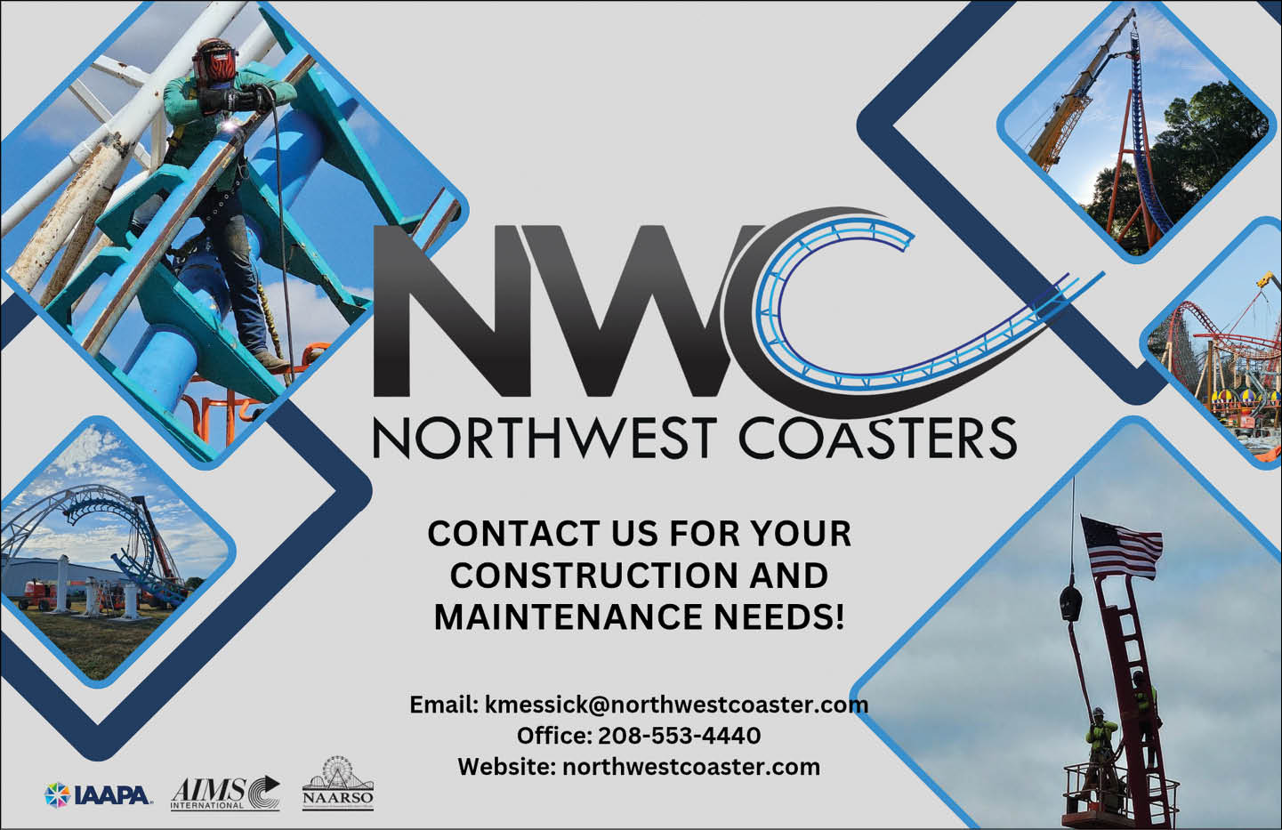 A promotional graphic for Northwest Coasters featuring a person working on roller coaster construction, various roller coaster images, and contact information for construction and maintenance services. Description generated by AI