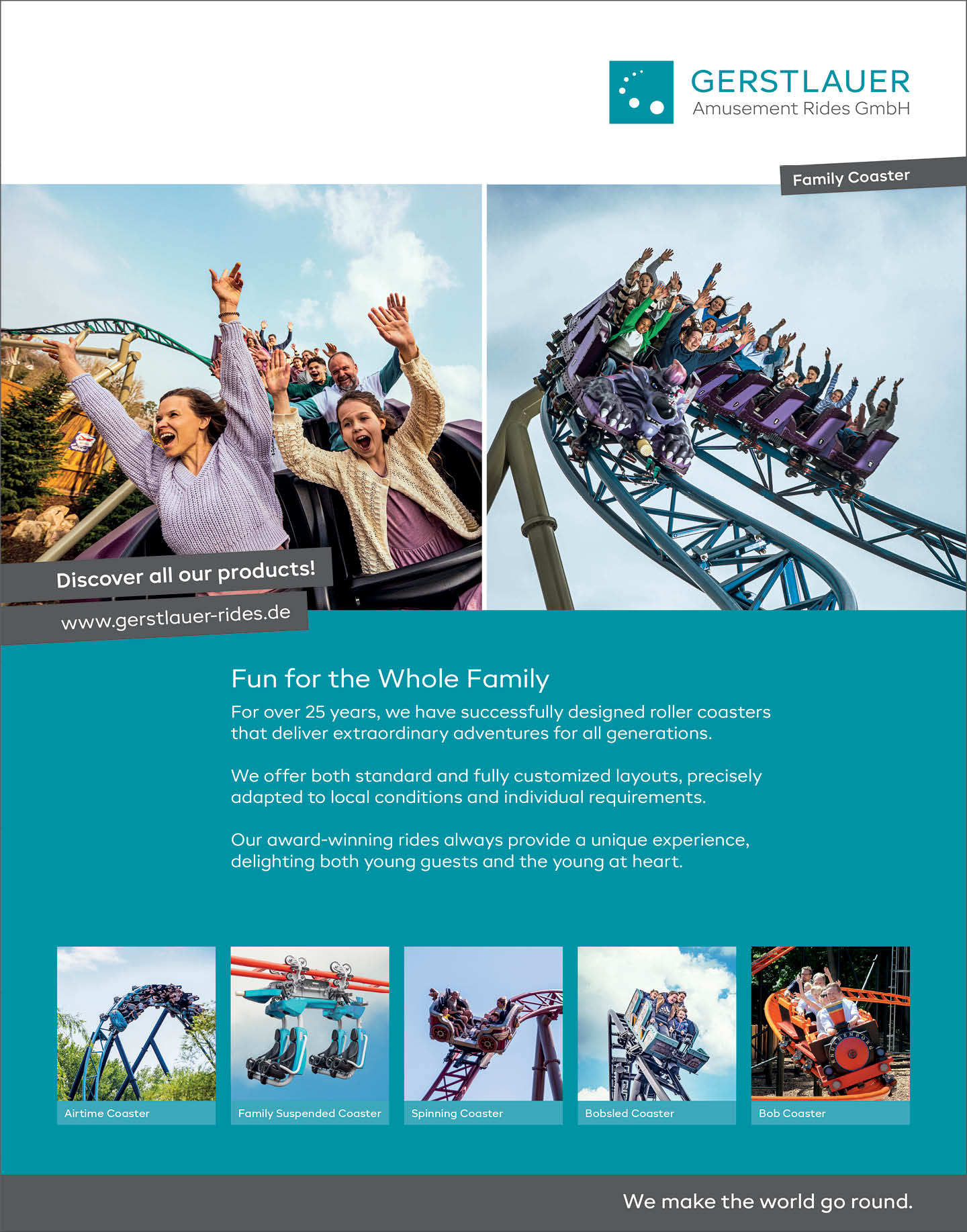 Adults and children enjoy various colorful roller coasters in an amusement park setting, with some raising their hands in excitement. Description generated by AI