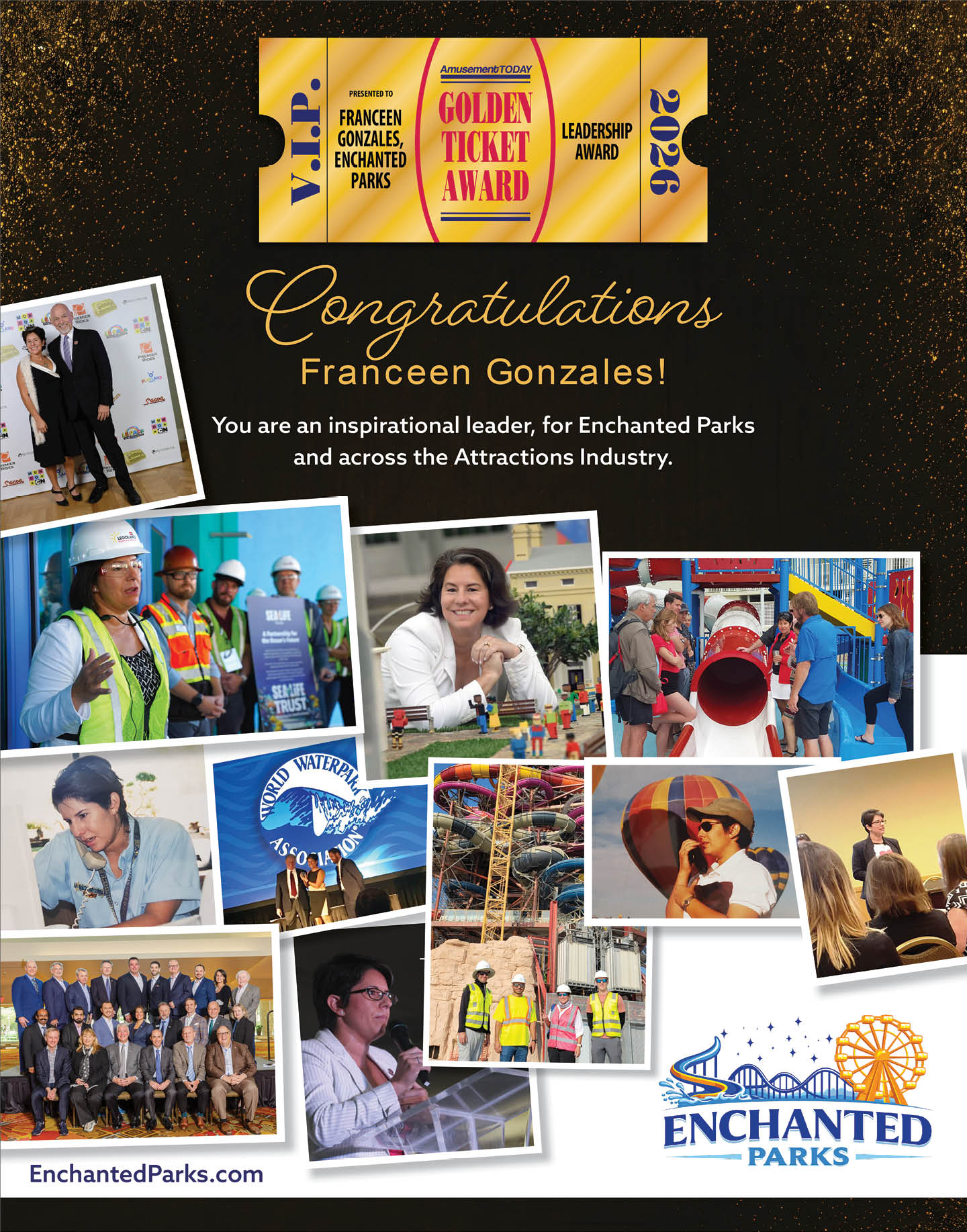 A congratulatory poster for Franceen Gonzales featuring a golden ticket award and multiple photos of people working and engaging in activities at Enchanted Parks. Description generated by AI