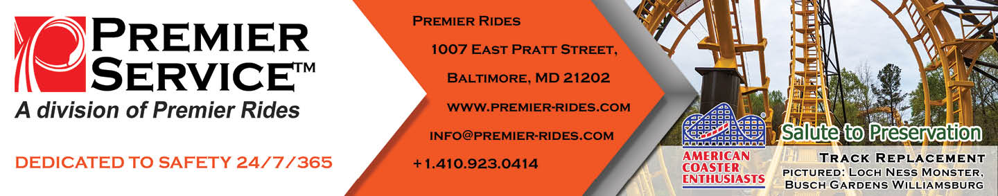 Premier Service, a division of Premier Rides, promotes safety and provides contact information alongside a roller coaster image and a Salute to Preservation track replacement announcement for Busch Gardens Williamsburg. Description generated by AI