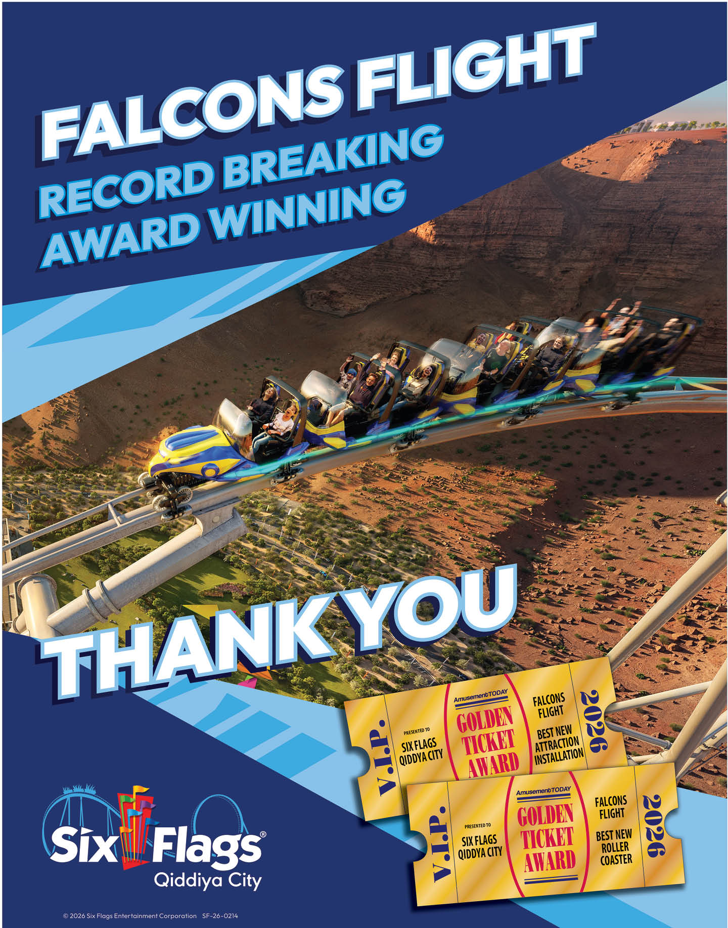 A roller coaster named Falcons Flight at Six Flags Qiddiya City is shown with people riding it, accompanied by text highlighting it as record-breaking and award-winning along with images of golden tickets. Description generated by AI