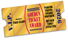 A golden ticket award for Kings Island presented by Amusement Today recognizing Phantom Theater Opening Nightmare as the best new family attraction in 2026. Description generated by AI