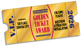 A golden ticket award from Amusement Today presented to Six Flags Qiddya City for Falcons Flight as the best new attraction installation in 2026. Description generated by AI