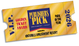 A golden ticket award styled as a VIP pass for 2026, labeled as Publisher's Pick and Park of the Year, presented to Knoebels Amusement Resort. Description generated by AI