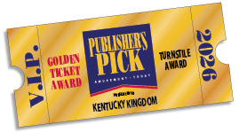 A golden ticket with text including VIP, Golden Ticket Award, Publisher's Pick, Turnstile Award, presented to Kentucky Kingdom, and the year 2026. Description generated by AI