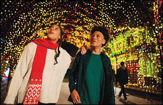 Two people wearing winter clothing walk under a tunnel of festive holiday lights at night. Description generated by AI