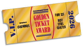 A golden ticket award with red and blue text honoring Carowinds for the best steel coaster in 2026, styled like a vintage admission ticket. Description generated by AI