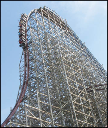 A group of people is riding a roller coaster as it descends a steep drop on a large wooden and metal structure against a clear blue sky. Description generated by AI