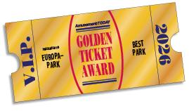 A golden ticket award with text announcing Europa-Park as the best park for 2026 presented by Amusement Today with a VIP design on a gold background. Description generated by AI