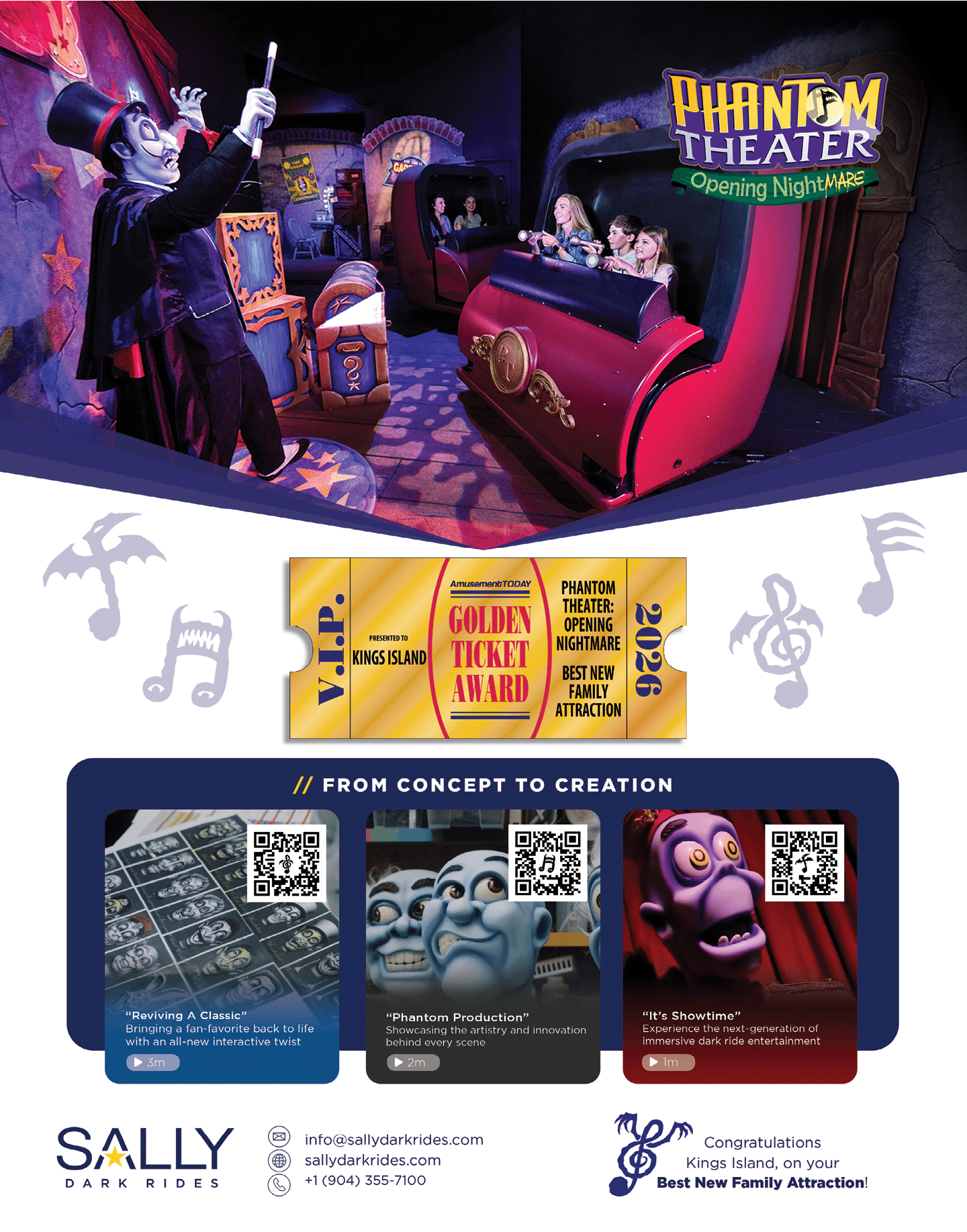 A themed amusement ride scene shows people seated in a red ride vehicle passing a magician character with a top hat and wand in a dark, theatrical setting with promotional text and awards for the Phantom Theater attraction. Description generated by AI