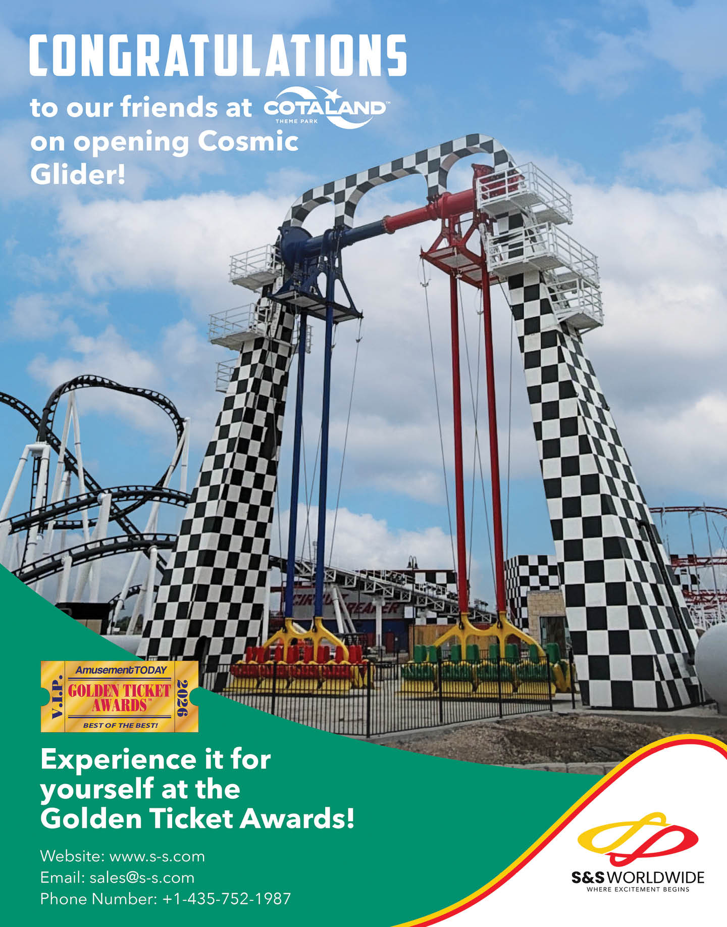 A tall amusement park ride with a black and white checkered pattern and two swinging arms is shown with congratulatory text for Cosmic Glider and a promotion for the Golden Ticket Awards. Description generated by AI