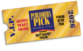 A golden ticket styled award with text including VIP, Publisher's Pick, Golden Ticket Award, Person of the Year, presented to Matt Hughey from Cotaland, and the year 2026. Description generated by AI