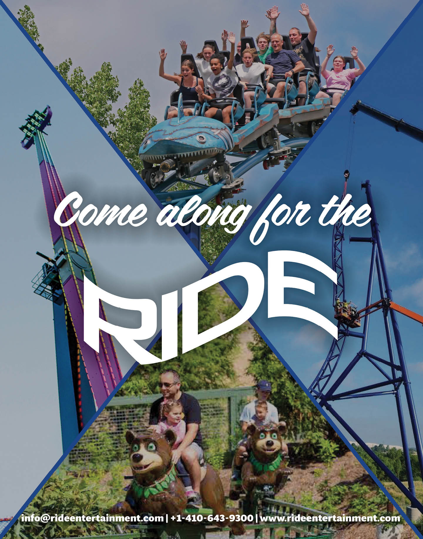 People enjoying various amusement park rides including a roller coaster, a tall drop tower, and a ride with animal-shaped seats, with the text “Come along for the RIDE" overlaid. Description generated by AI