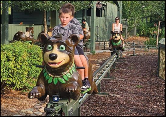 Two children and one adult are riding a small amusement park ride featuring bear-shaped cars on a track outdoors surrounded by greenery. Description generated by AI
