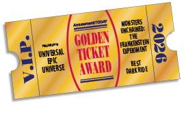 A golden ticket award styled like a VIP admission ticket for the year 2026 presented to Universal Epic Universe for the best dark ride called Monsters Unchained The Frankenstein Experiment. Description generated by AI