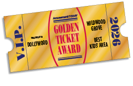 A gold and yellow VIP golden ticket award for Dollywood presented by Amusement Today for the best kids' area at Wildwood Grove in 2026. Description generated by AI
