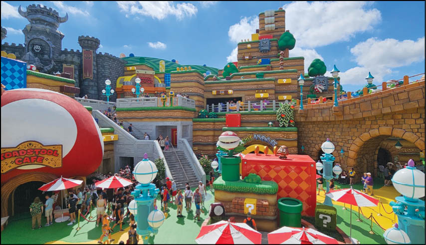 A colorful outdoor scene resembling a video game world features people walking near large mushroom-shaped structures, blocky terrain with question mark blocks, pipes, and castle-like buildings under a bright blue sky with scattered clouds. Description generated by AI