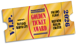 A golden ticket award for Six Flags Qiddya City presented by Amusement Today for the Falcons Flight best new roller coaster in 2026 with a VIP design on the left side. Description generated by AI