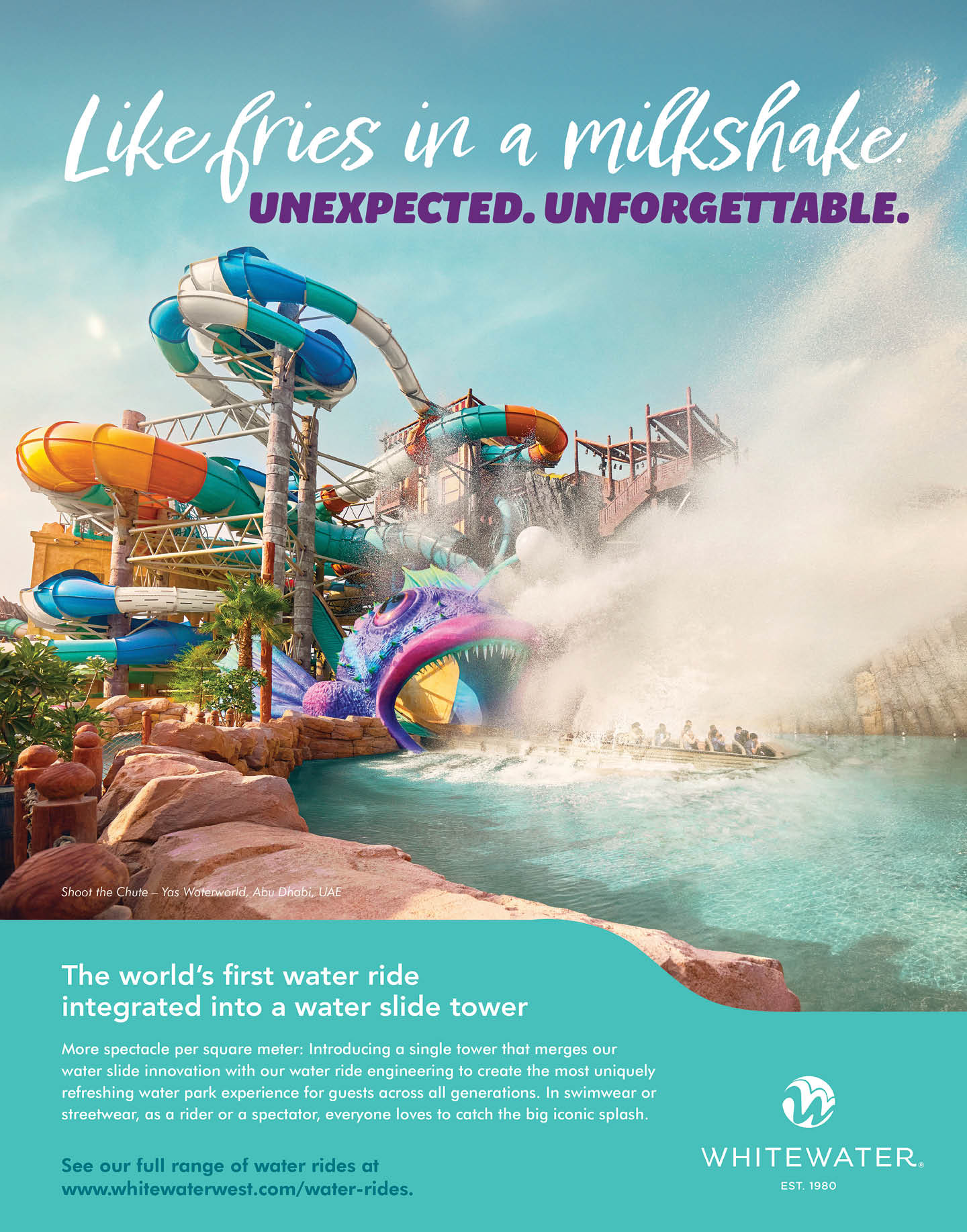 A colorful water slide tower with multiple twisting slides and a group of people riding a water raft splashing into a pool is shown under a partly cloudy sky with text promoting the world's first water ride integrated into a water slide tower. Description generated by AI