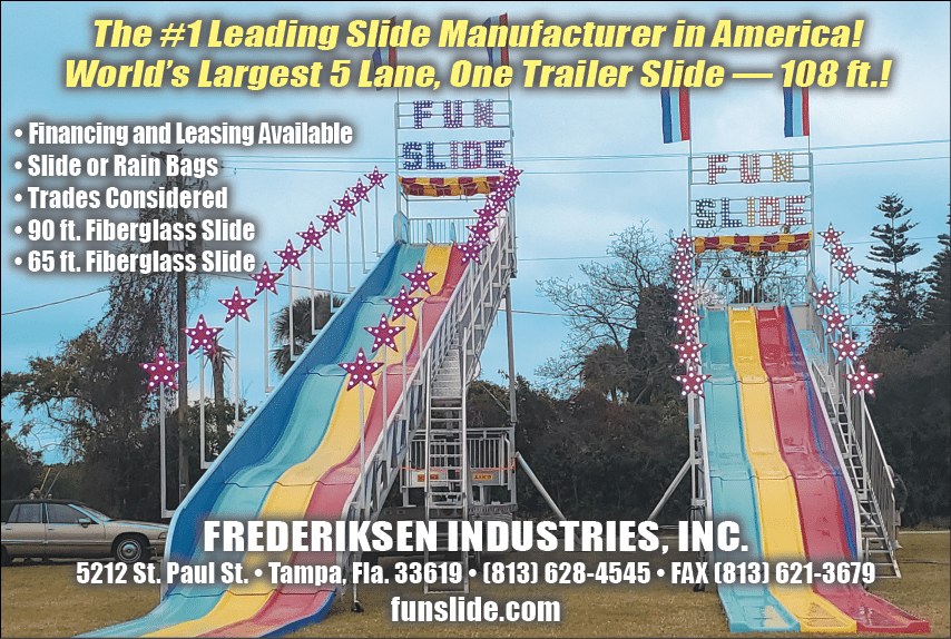 A colorful five-lane fiberglass slide with stairs and safety railings is set up outdoors with promotional text advertising a leading slide manufacturer and contact information. Description generated by AI