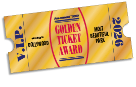 A golden ticket award with the text presented to Dollywood for the most beautiful park in 2026 with a decorative gold and red design. Description generated by AI