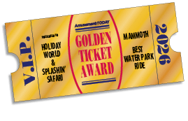 A golden ticket award styled like a VIP pass for Holiday World & Splashin' Safari recognizing the Mammoth as the best water park ride in 2026. Description generated by AI