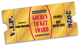 A golden ticket award styled like a vintage admission ticket with text highlighting a VIP golden ticket award for the best water ride in Chiapas presented to Phantasialand for the year 2026. Description generated by AI