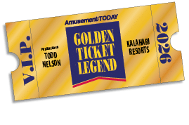 A golden ticket styled as a VIP pass for 2022 presented to Todd Nelson from Kalahari Resorts with bold blue and yellow colors and the text Golden Ticket Legend. Description generated by AI