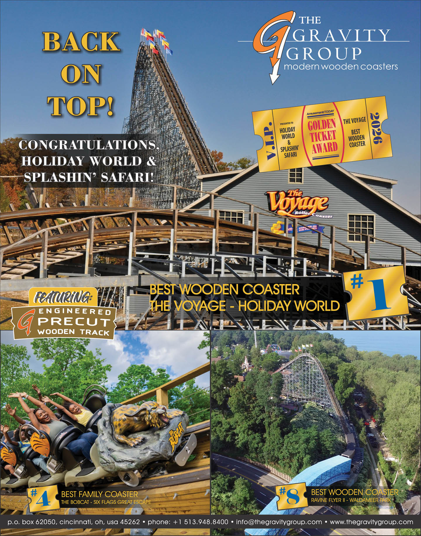 A promotional graphic celebrating Holiday World's wooden roller coaster The Voyage winning the best wooden coaster award from The Gravity Group, featuring images of the coaster and riders. Description generated by AI