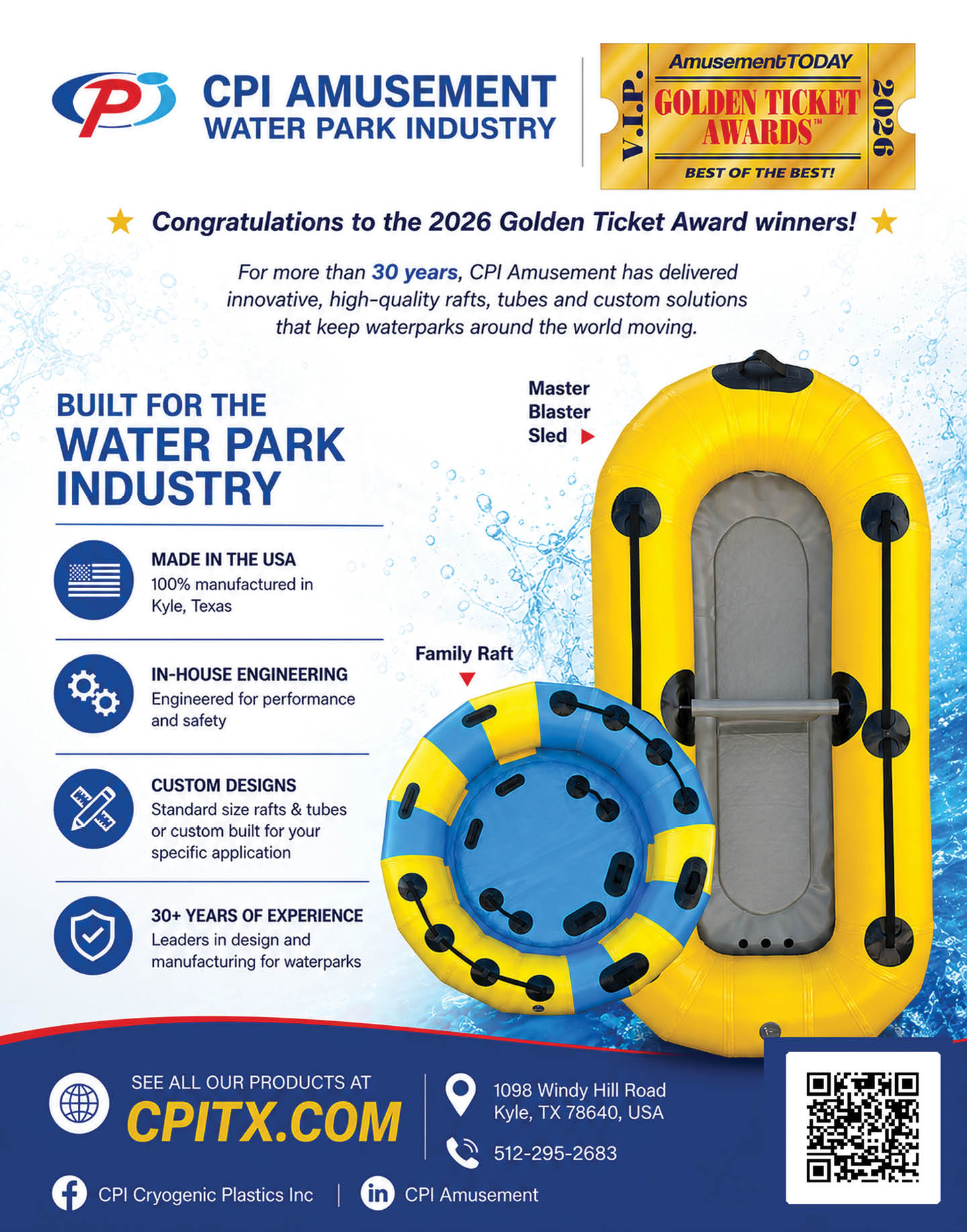 A promotional graphic for CPI Amusement highlighting their Golden Ticket Award win, featuring images of a yellow master blaster sled and a blue and yellow family raft, along with text about their water park industry products and company information. Description generated by AI
